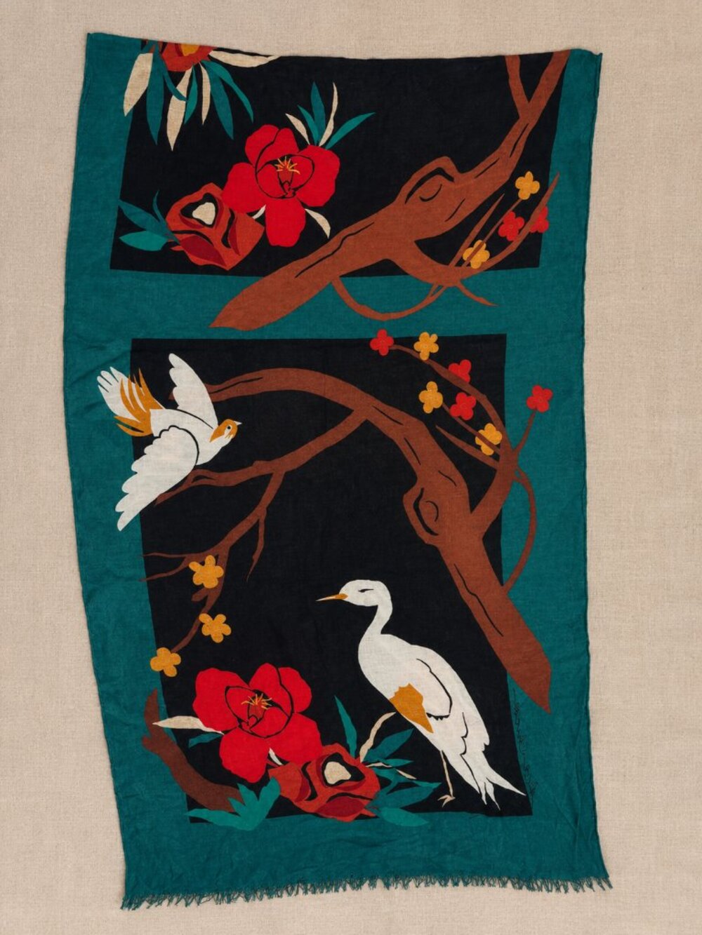 Vintage Bird & Floral Teal Fringed Scarf / Wrap